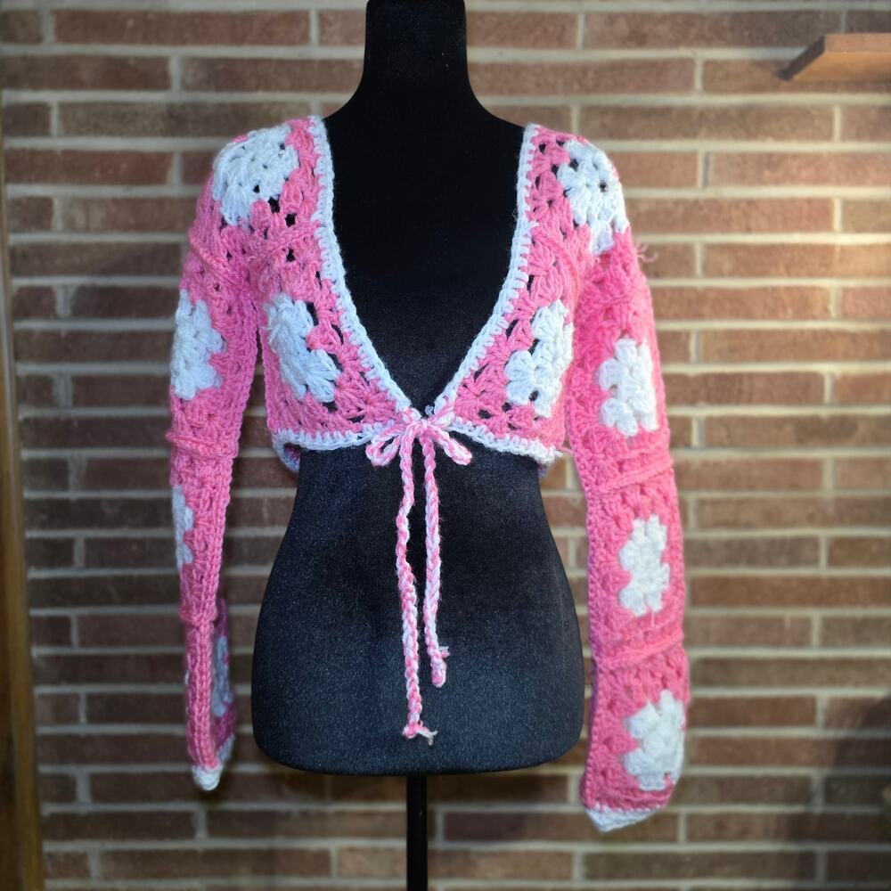 Handmade Pink Crochet Granny Square Bolero Shrug Crop Cardigan Tie Front
